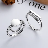 silver 925 real 100 couple rings korean style geometric round glossy stitching chain open adjustment finger ring jewelry 2022