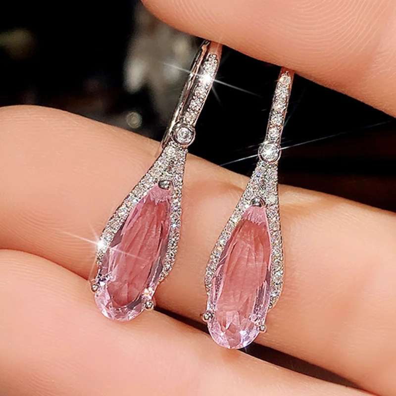 

KYTRD Luxury Silver Color Metal Inlaid Pink Zircon Earrings Women Exquisite Fashion Engagement Wedding Dangle Earrings Jewelry