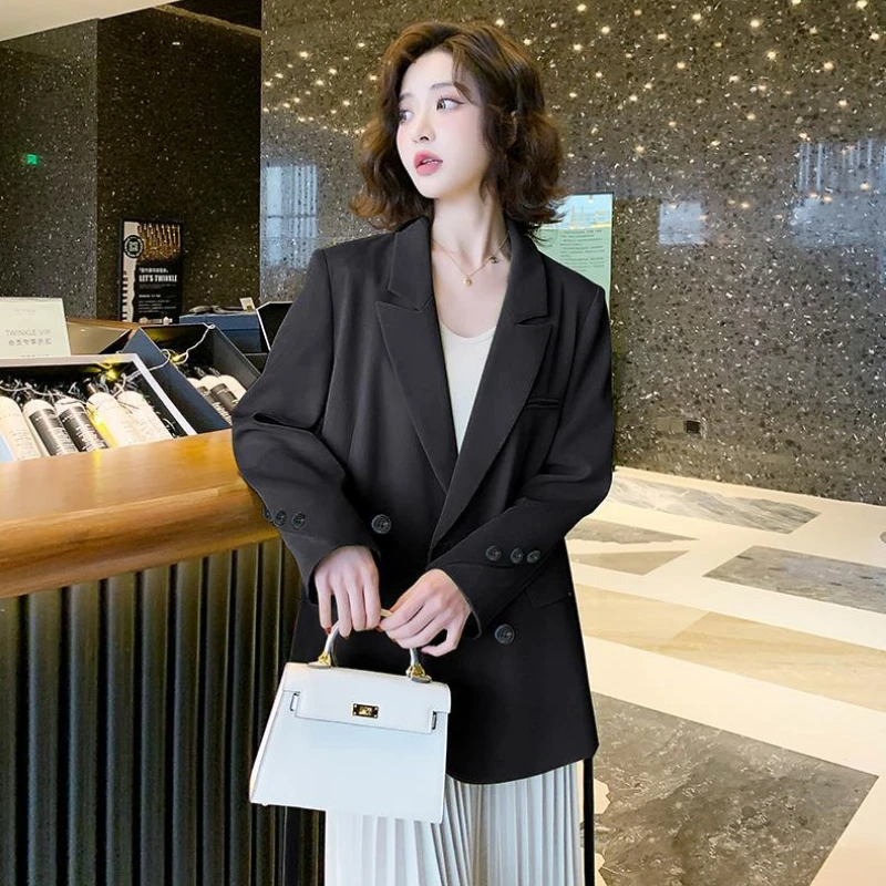 Luxury Chic Long Sleeve Women Blazers Belt Black Suit Office Ladies Jacket Korean Style Coats Double-breasted Solid  Blazer