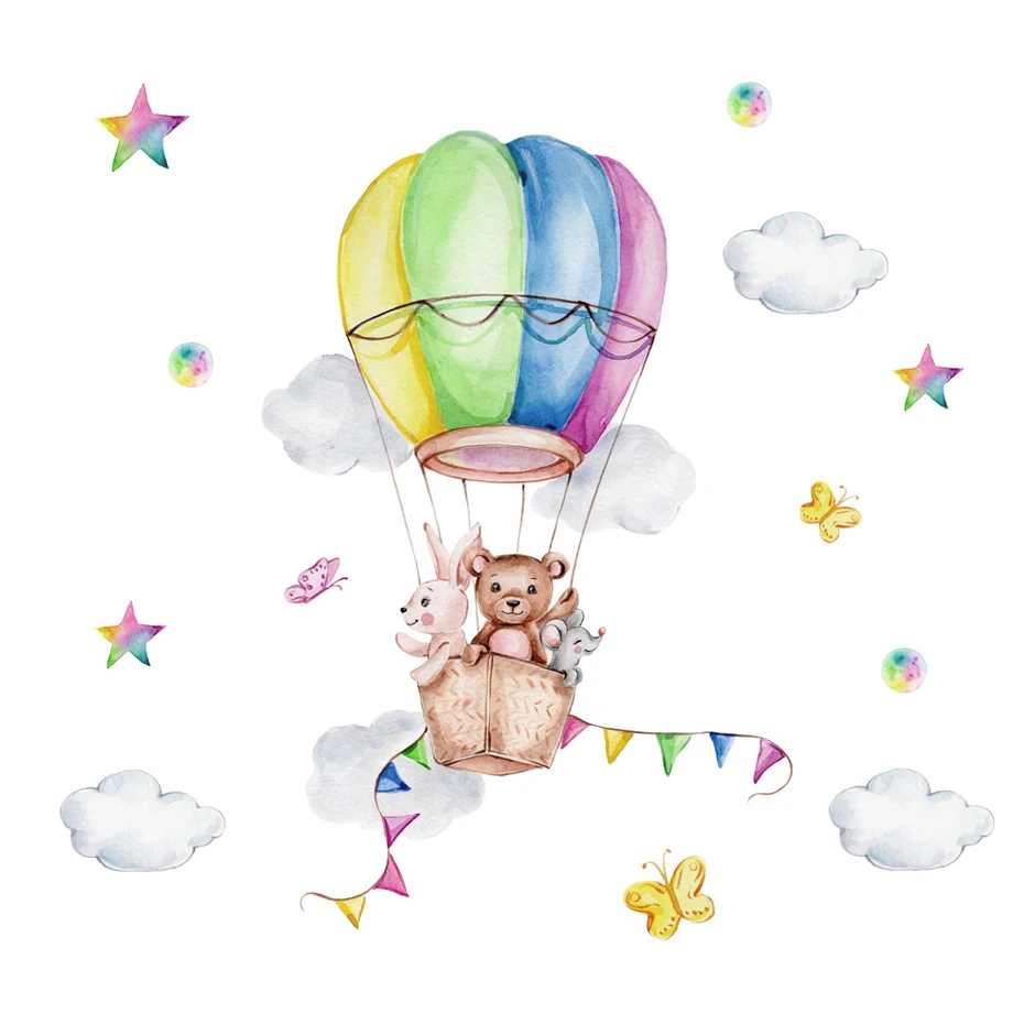 

Colorful Teddy Bear Cartoon Air Balloon Clouds Wall Stickers for Kids Baby Room Decor Home Decoration Wall Decals Art Murals