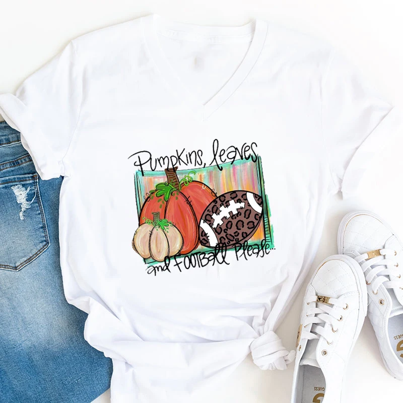 

Rheaclot Pumpkins Leaves And Football Please Women's Summer Tops Graphic T-shirt V-Neck Tee