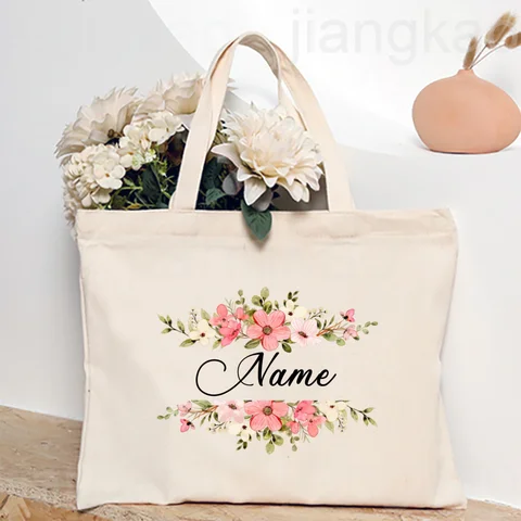 Персонализированная большая сумка с цветочным принтом и именем, женская парусиновая сумка для покупок, сумки на плечо с монограммой, подарок на день рождения, свадьбу для нее