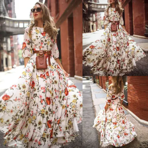 

New Fashion Hot Sale Women's Maxi Boho Dress Floral Print High-waist Three-quarter Sleeve Lady Summer Beach Long Sundress S-XL