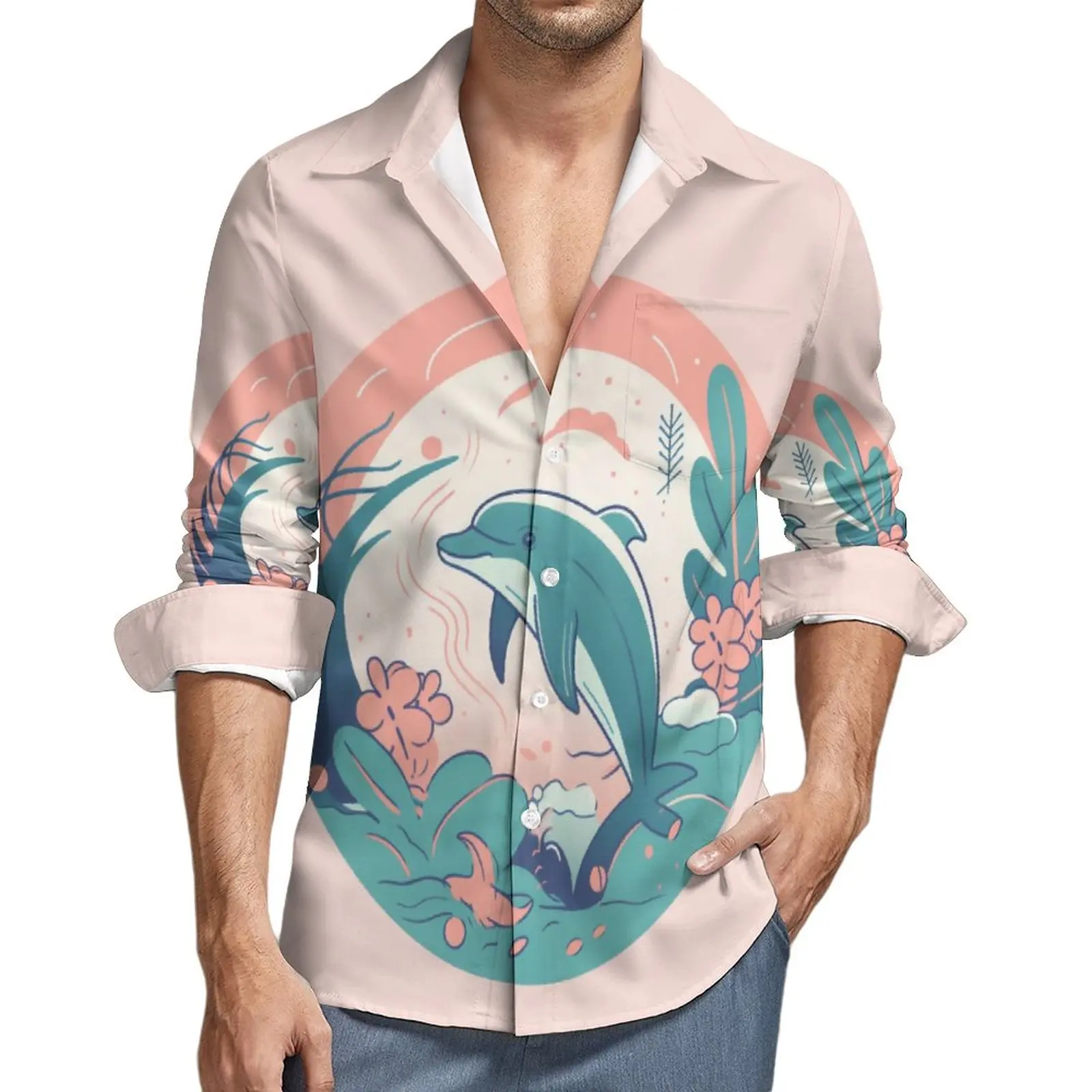 

Рубашка с дельфином, простые круглые повседневные рубашки, забавные блузки с длинным рукавом и графическим принтом, осенняя модная одежда большого размера