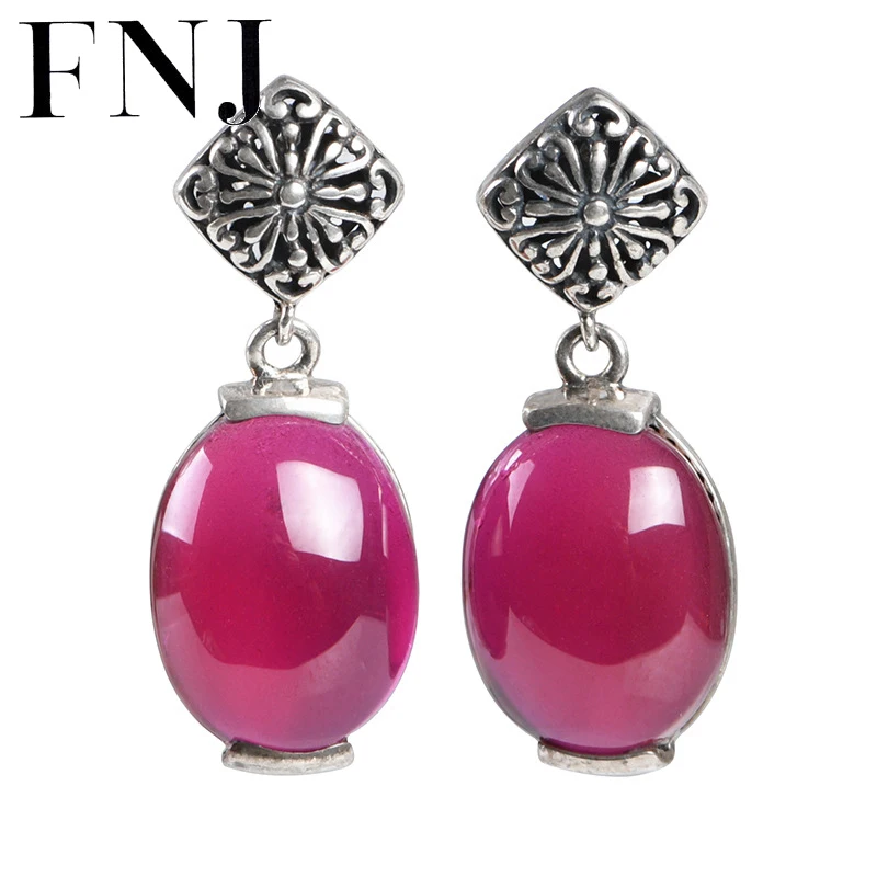 

FNJ AG925 Drop Earrings 925 Silver Original Pure S925 Sterling Silver Earring for Women Jewelry Oval Rose Corundum