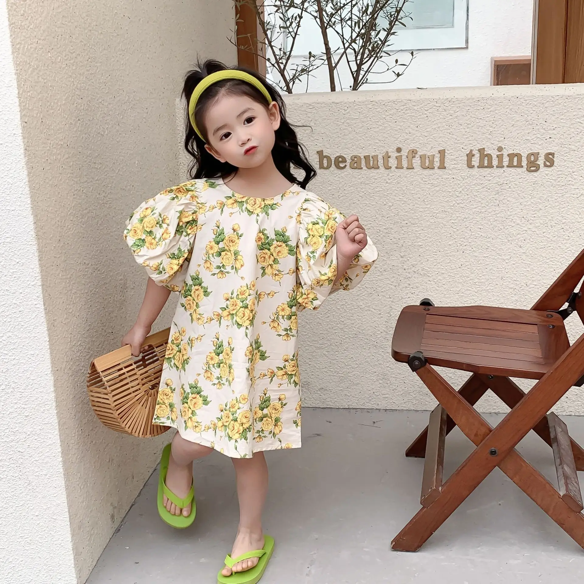 

2022 summer fashion Kids flowers print casual dresses Baby girl puff sleeve cotton dress