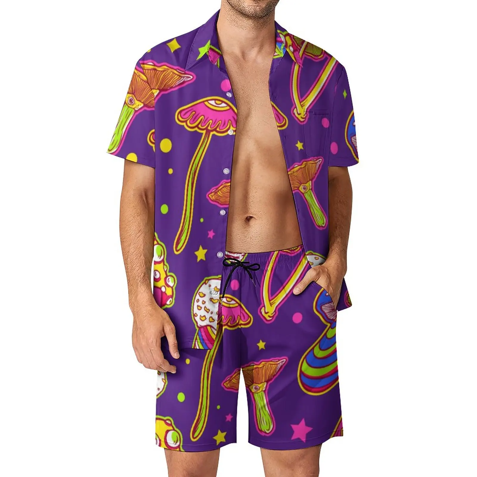 

Magic Mushroom Men Sets Colorful Plants Print Casual Shirt Set Fashion Vacation Shorts Summer Design Suit 2 Piece Plus Size 3XL
