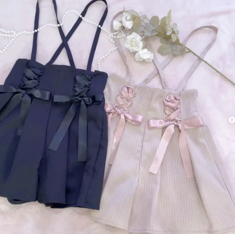 Lolita Cute Slim-Fit Sweet Pink Suspender Short Pants Women Lace-up Bow Elastic High Waist Shorts 2023 New Spring Summer Shorts