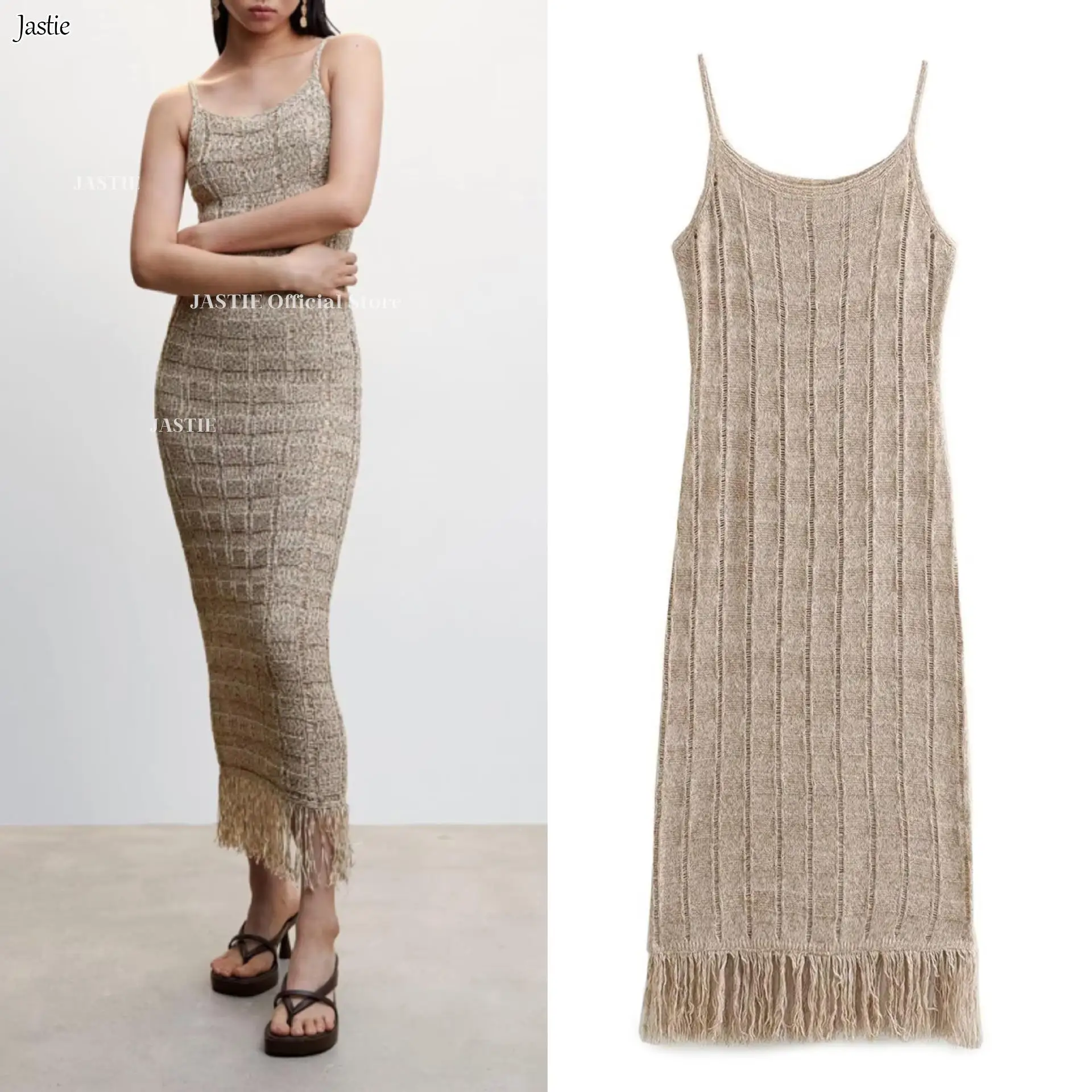 

Jastie Elegant Hollow Knitted Sling Dress For Women Vintage Mesh Backless Bodycon Dresses 2023 Summer Beach Vacation Vestidos