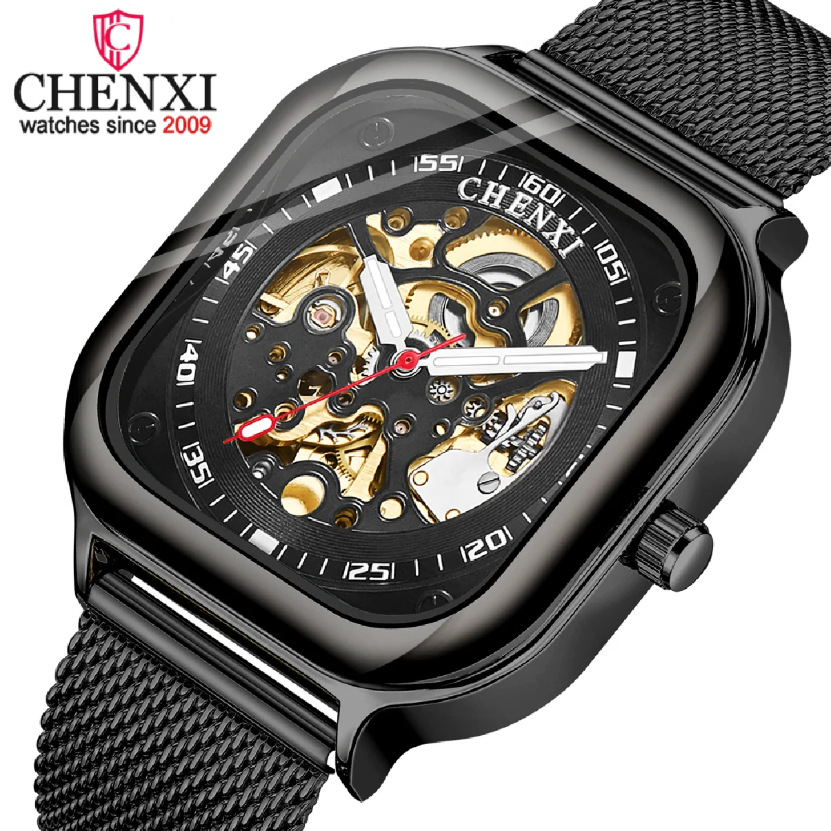 

Часы наручные CHENXI Мужские автоматические, брендовые роскошные механические водонепроницаемые из нержавеющей стали, скелетоны с турбийоно...