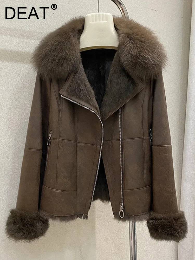 DEAT модное женское пальто из искусственного меха с лацканами на молнии и