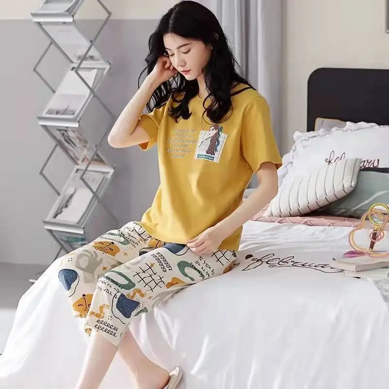 Summer Short Pajama Sets for Women Girls Fashion Faux Silk Sleepwear Students