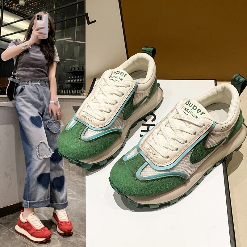 2023 Spring New Women's Breathable Casual Shoes Lace up Outdoor Sports Shoes Color Matching Women's Leather Vulcanized Shoes