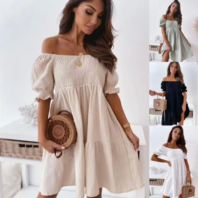 

Women Sexy Slash Neck Dress Summer Fashion Casual Solid Backless Mini Dress Female White Puff Sleeve Big Swing Party Beach Dress