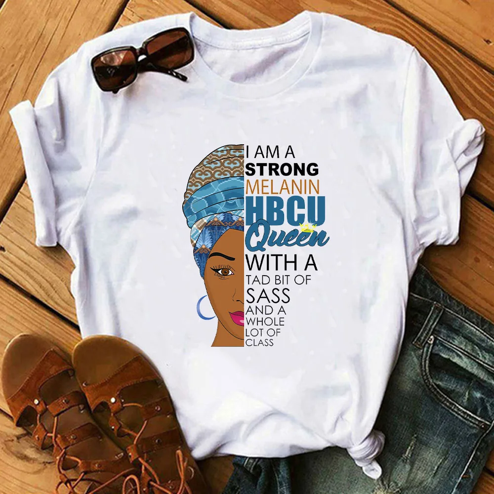 

Female Fashion Casual Short Sleeve Tops Tee Summer Women T-shirt I'm A Strong Melanin Queen Letters Print Black Clothing S-5XL