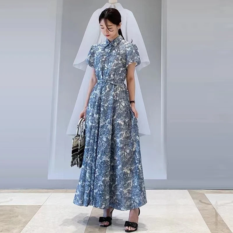 

Женское однобортное платье с отложным воротником, Элегантное Длинное платье в Корейском стиле с пузырьковым рукавом, Летние Повседневные п...