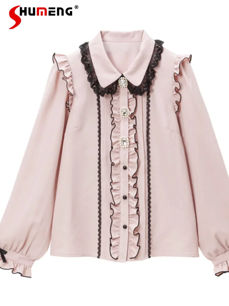 Spring Japanese Style Cute Women's Long Sleeve Shirt Lolita Loose Bow All-Matching Shirts Diamond Buckle Exquisite Blouses 2023