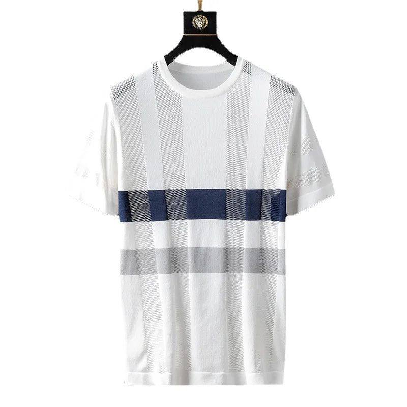 

New Summer Knitted Short-sleeved Ice Fashion Striped Hollow T-shirt Men's All-match Casual Bottoming Shirt Tees O-Neck Tops
