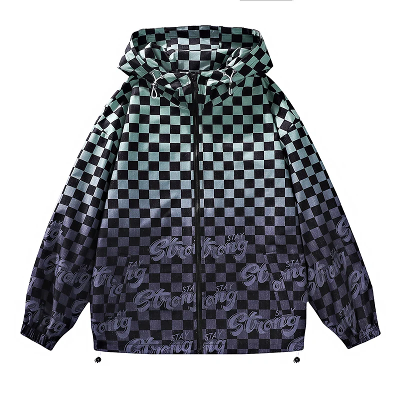 

Осенняя куртка с шахматным принтом, Whit Hood, ветровка на молнии, пальто, Мужская модная Корейская уличная верхняя одежда, мужская одежда
