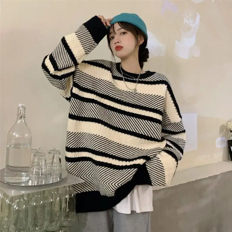 Полосатый свитер с цветными блоками для женщин свободный и утягивающий ленивый