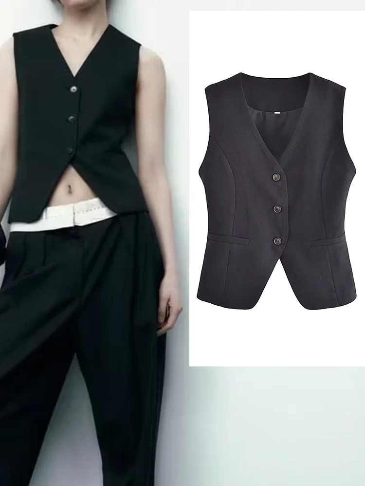 

2023 Women Summer Vests Coats Casual Solid V-Neck Sleeveless Single Breasted Female Elegant OL Waistcoats Clothing