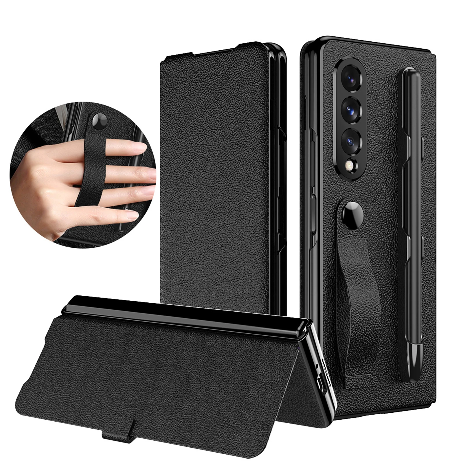 

Magnetic Bracket Litchi Pattern Leather Case for Samsung Galaxy Z Fold 3 5G Case with Pen Slot Folding Screen Z Fold 3 Cover