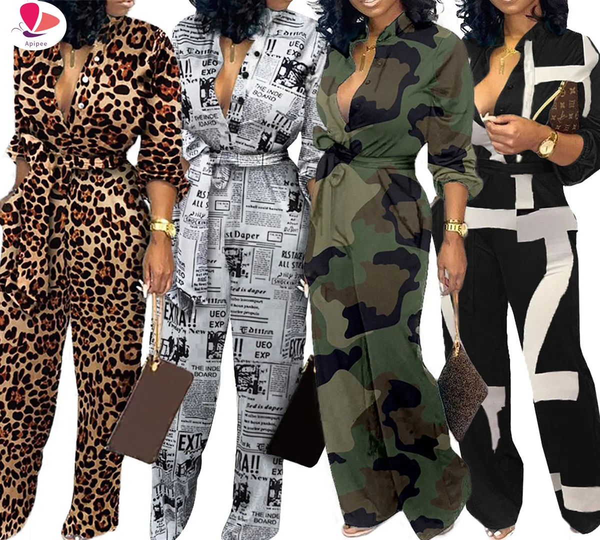 Леопардовый комбинезон APIPEE с завязкой на талии и длинным рукавом женские