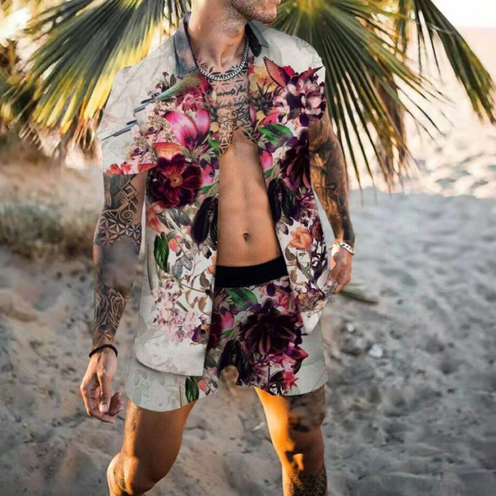 

Men Turndown Collar Shirt Pants Set Short Sleeve Casual Hawaii Print Fashion Summer Shirt Suite Pants for Men Red Tuxedo Boys