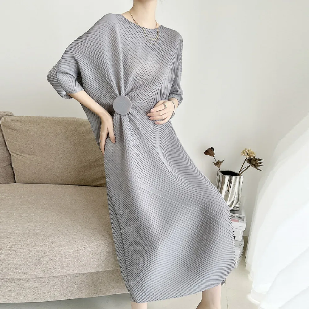 

Miyake Pleated Pop-up Dress Loose Casual Irregular Large Size Women's Thin Long Dress Simple with Elasticity New