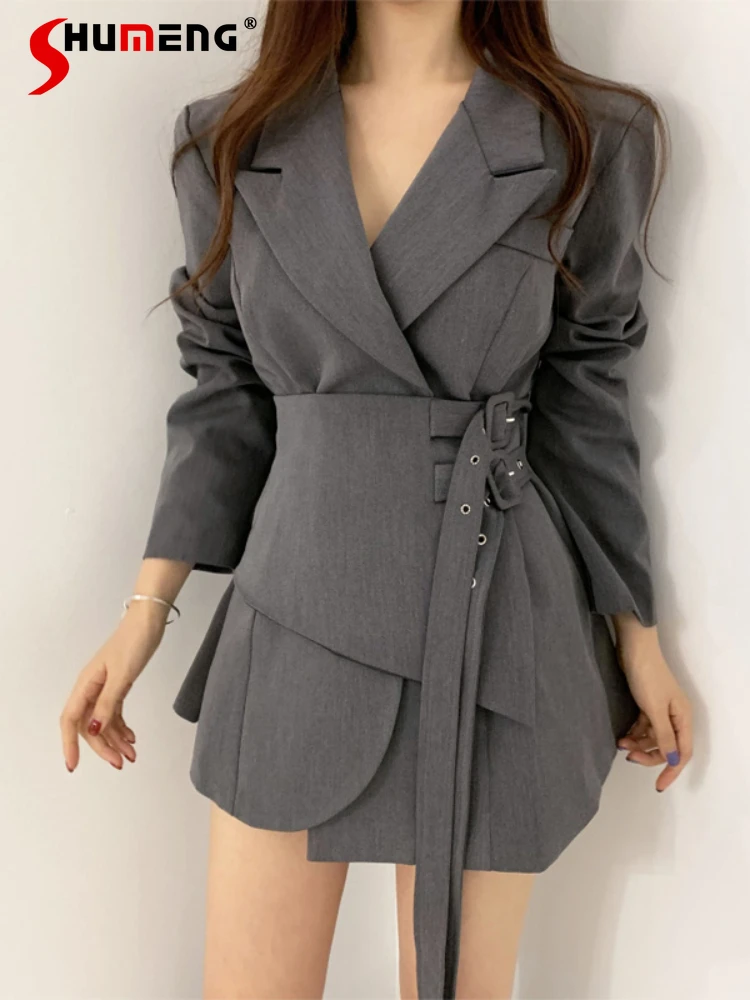 

Elegant Adjustable Double Belted Suit Jacket Women 2023 Spring and Autumn New Women's Slimming Irregular Mid-length Balzer Coat
