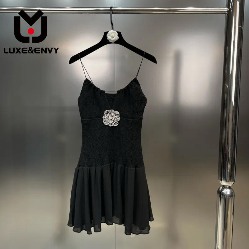 

LUXE&ENVY Dress Black Diamonds Flower Stretch Temperament Sleeveless Knee-length Summer V Neck Dresses Summer WZ3031