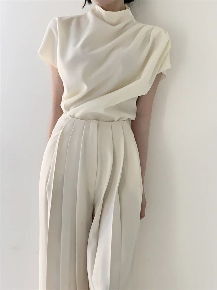 

Women Summer Two Piece Set Korean Chic Stand Collar Top + High Waist Pleated Casual Pants Trousers Office Lady 2 Piece Suits
