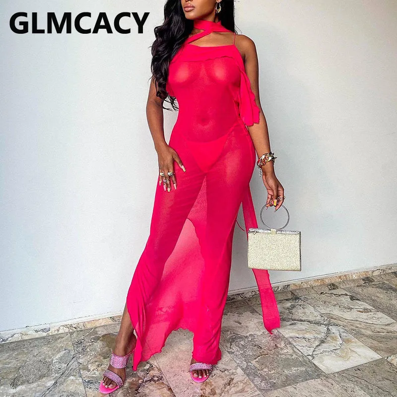 

Women Halter Mesh See Through Maxi Dress Sexy Party Club Dress