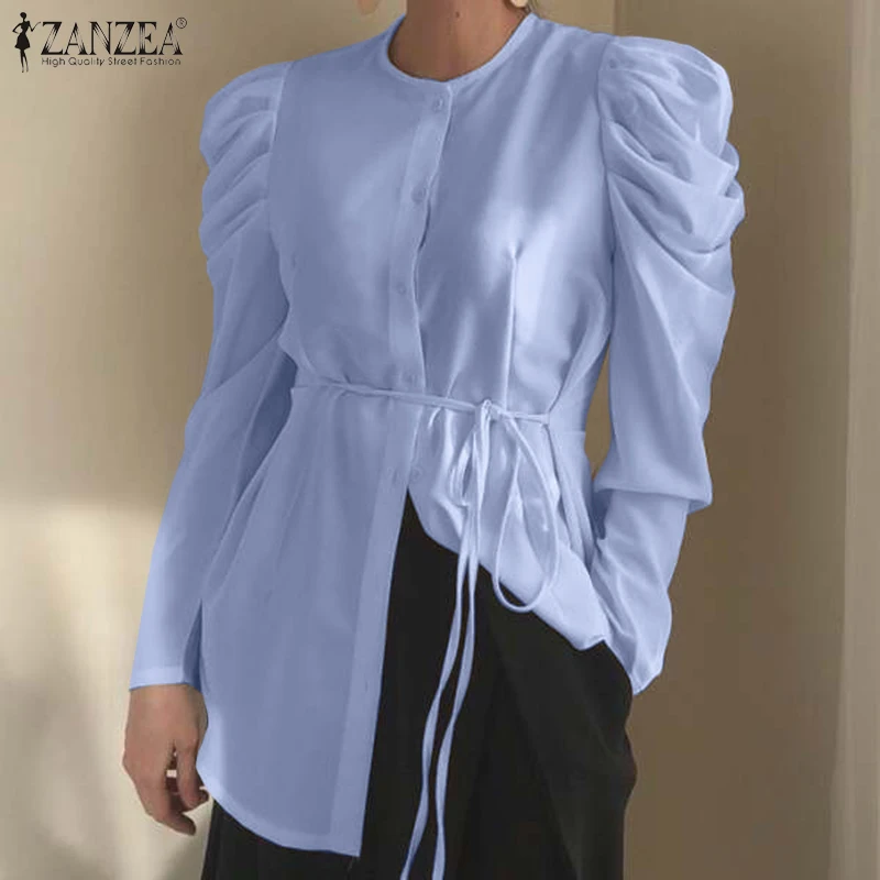

Office Work Blouse 2022 Fashion Women ZANZEA Elegant Long Puff Sleeve Shirt Spring Solid Belted Chemise Vintage Button Tunic Top