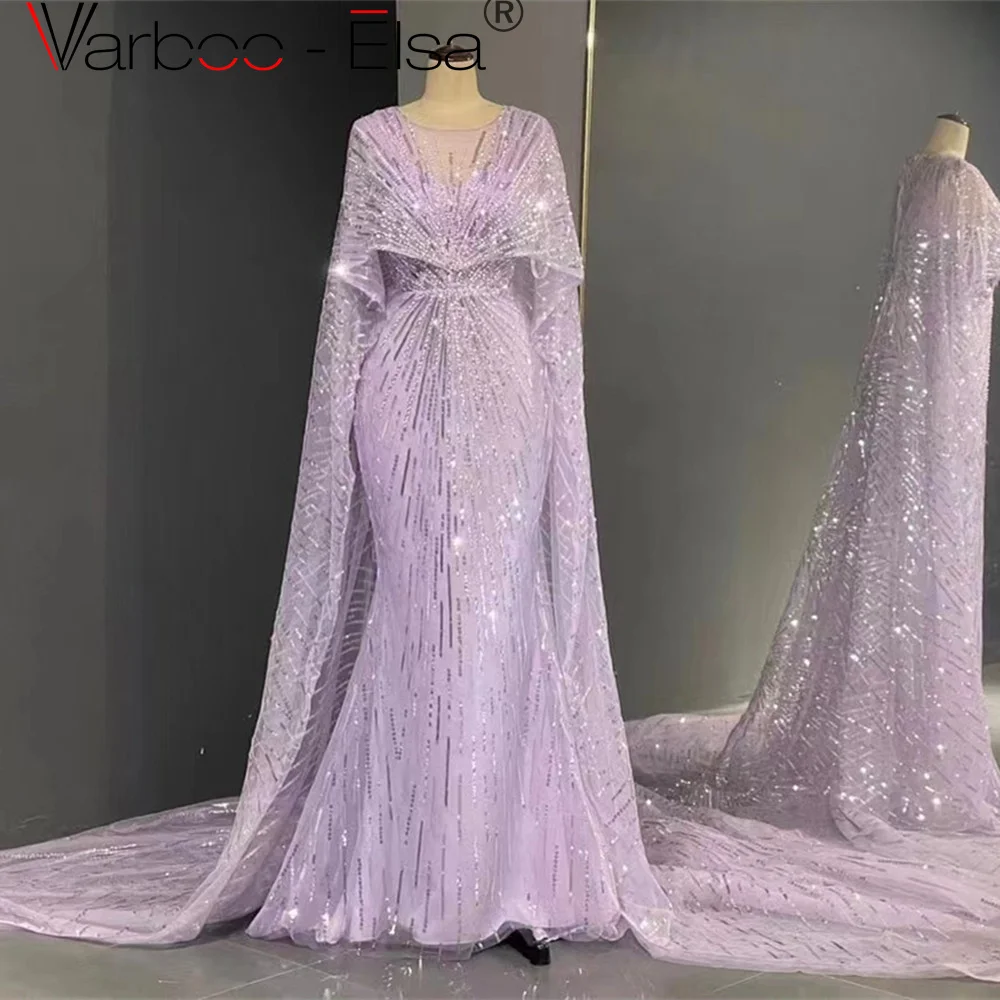 

Varboo_Elsa Luxury Dubai Mermaid Purple Evening Dresses with Cape Sleeves 2023 Arabic Women Wedding Guest Formal Party Gowns