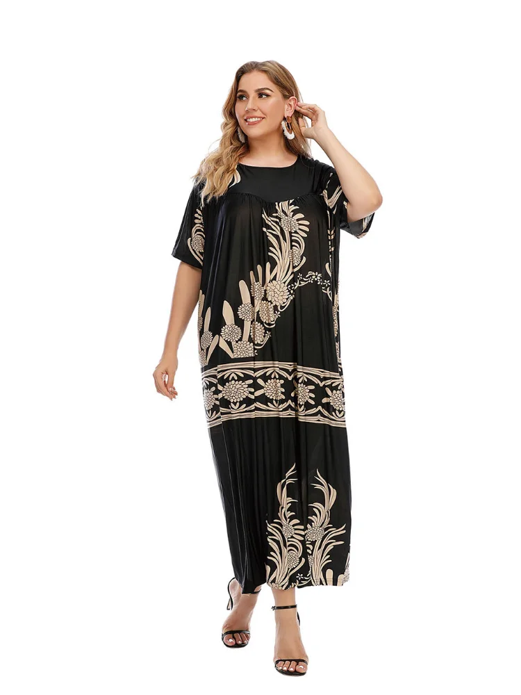 Oversized women's casual dress with printed large swing style plus size dresses robe longue rose grandes tailles