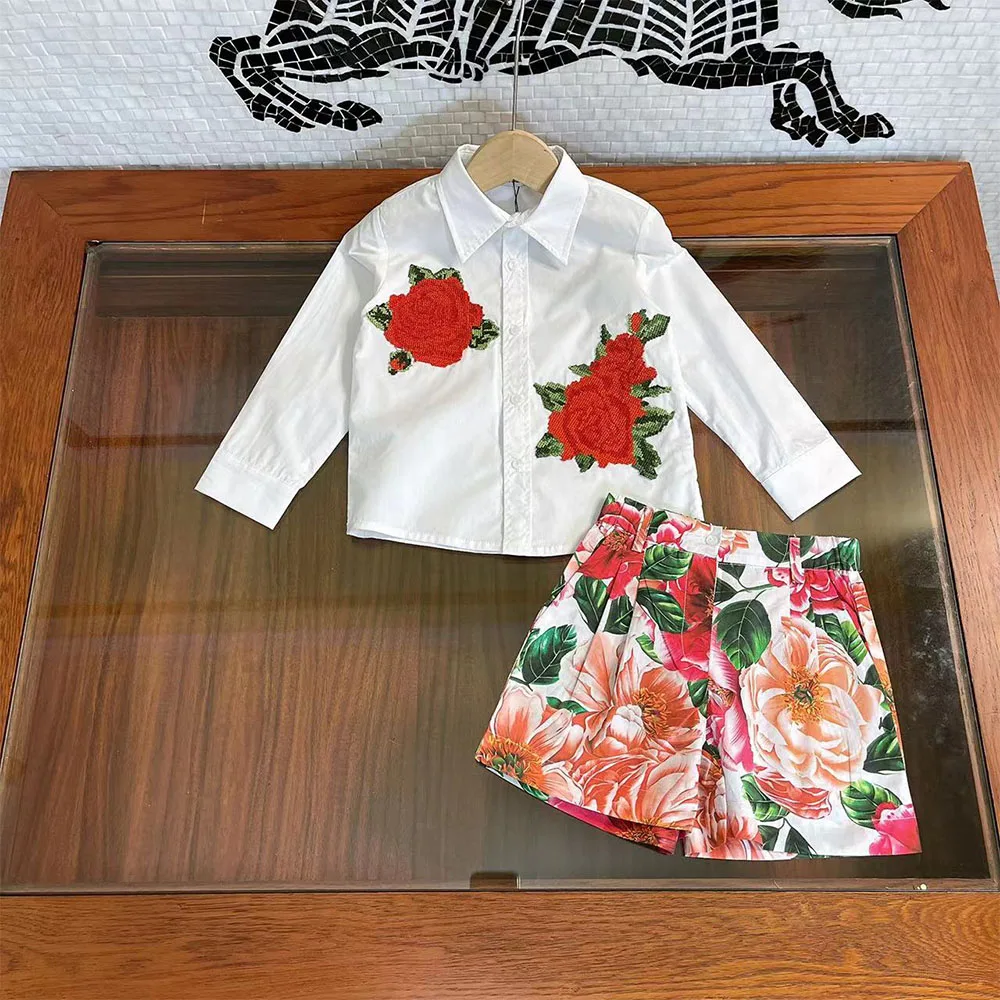 

High end children's wear girls' suit embroidered rose shirt dress printed shorts two-piece summer dress high quality