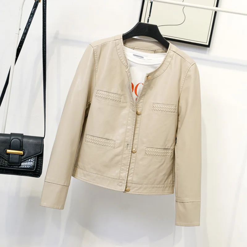 2023 new women's single breasted round neck leather jacket motorcycle short leather jacket small coat