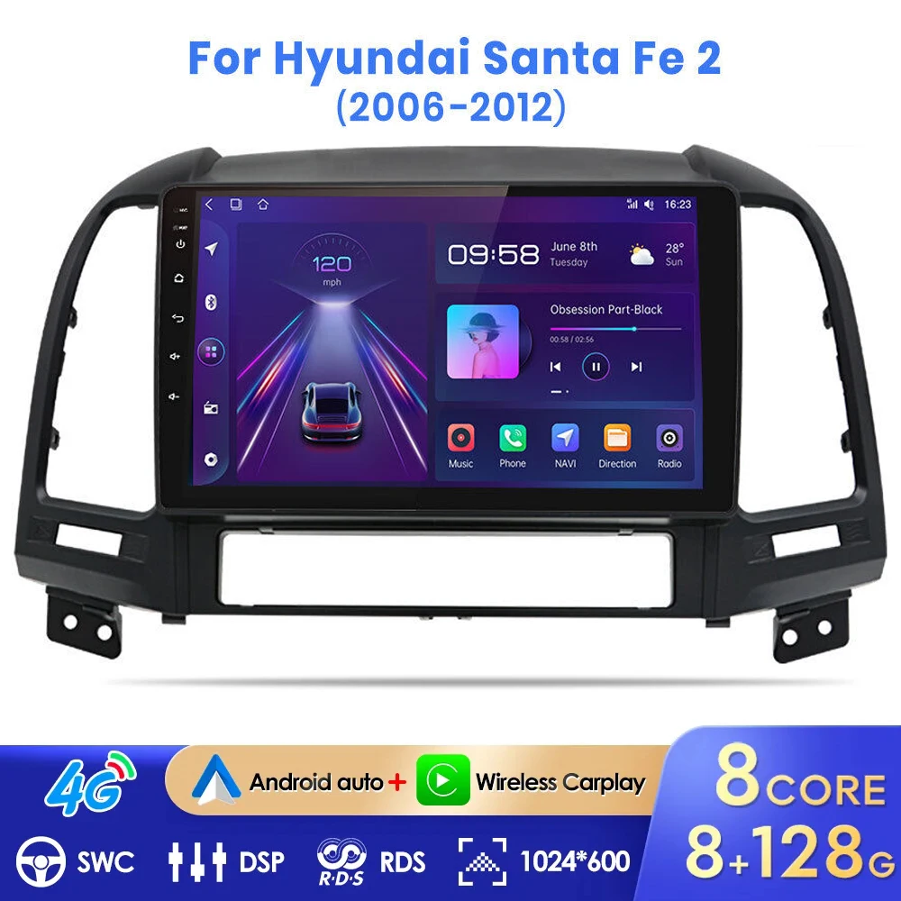 

4G беспроводной Carplay для Hyundai Santa Fe 2 2006 - 2012 автомобильный радиоприемник мультимедийный видеоплеер навигатор GPS Android No 2din 2 din
