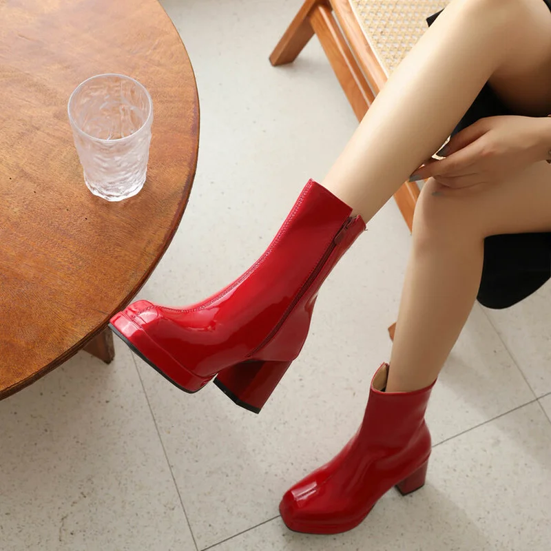 2022 New Autumn Women Fashion Square High Heels  White Patent Leather Shoes Ankle Boots Black Woman Zipper