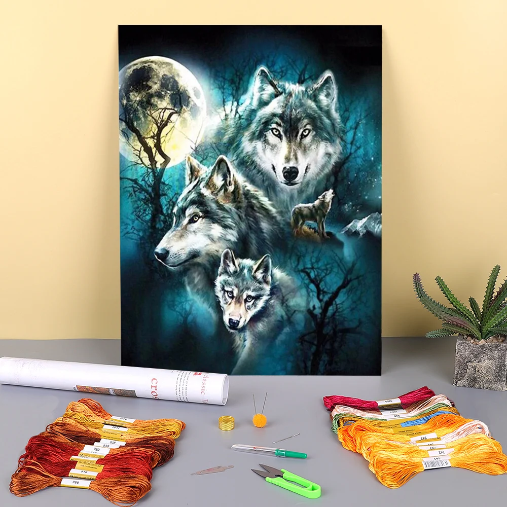 

Animal Wolf Printed Fabric 11CT Cross-Stitch Full Kit Embroidery DMC Threads Needlework Painting Craft Handicraft Gift