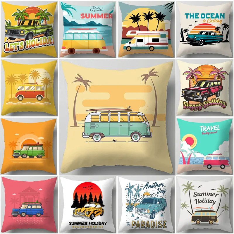 2023 New Travel Caravan Pillow Case Happy Seaside Holiday Touring Car Prints Cushion Cover For Home Car Sofa Decoration 45x45cm