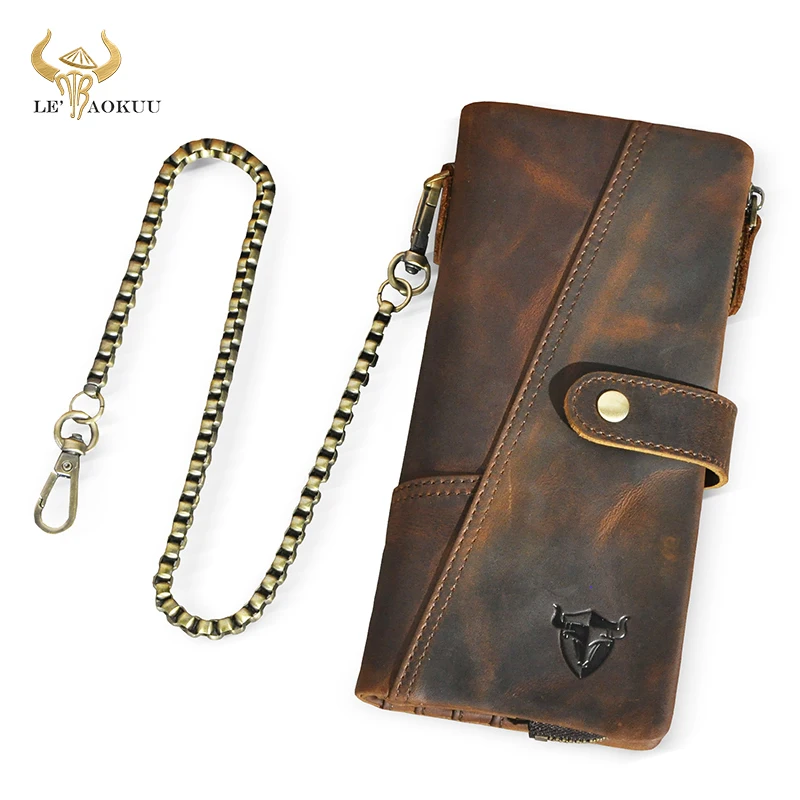 

Hot Sale Thick Crazy Horse Leather Travel Business Organizer Chain RFID Wallet For Men Long Zipper Male Purse Card Holder 1803