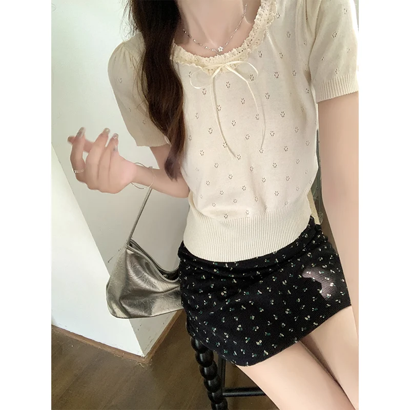 Женские кружевные топы GAODINGLAN с бантом и круглым вырезом летние женские