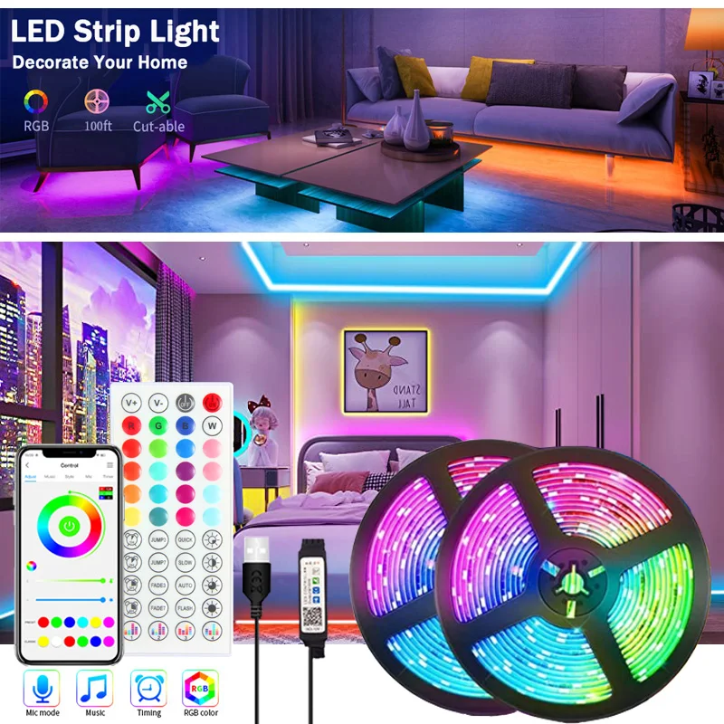 

Bluetooth LED Strip Lights for Room Neon Lights RGB5050 Color Led Tape TV Backlight Decoration LED 1-5m 10m 20m 30m Luces Led