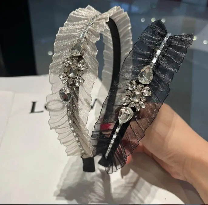 

Повязка для волос с оборками Женская, французская нишевая дизайнерская двухниточная Блестящая лента с кристаллами, элегантный аксессуар н...