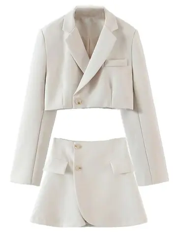 Женский короткий пиджак на одной пуговице, укороченный блейзер с высокой талией и асимметричным перекрестным разрезом, мини-юбка с длинным рукавом, винтажный комплект из 2 предметов