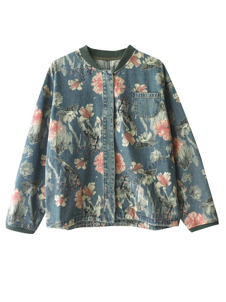 Женская джинсовая куртка с цветочным принтом свободного покроя |