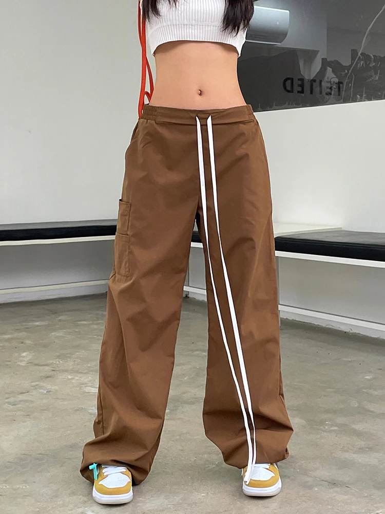 

Коричневые однотонные повседневные Прямые брюки YIKUO с карманами, уличная одежда на шнуровке, с заниженной талией, винтажные хиппи женские д...