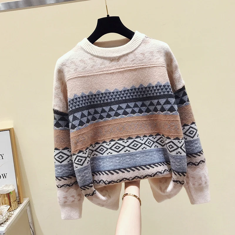 

Retro Art Women's Sweater, New Fashion Autumn Winter Japanese Student Jacquard Pullover Sweater Harajuku Loose Basic Splicing